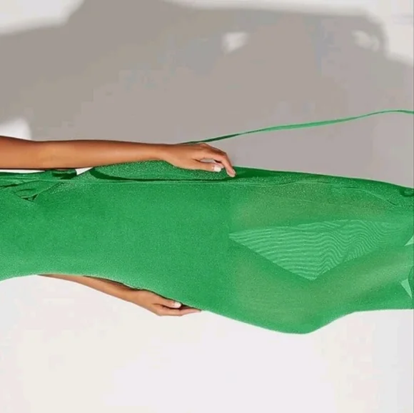 shein.Bae.Elegant Green Open Back Drawstring Shoulder Sparkly Dress Size L - Picture 5 of 12
